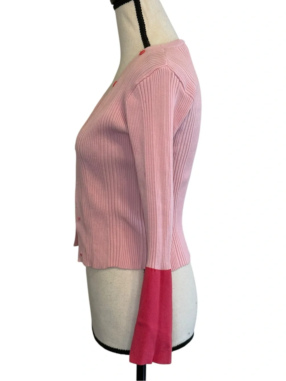 Pink Two-Tone Ribbed Button Cardigan sweater - Picture 2 of 4